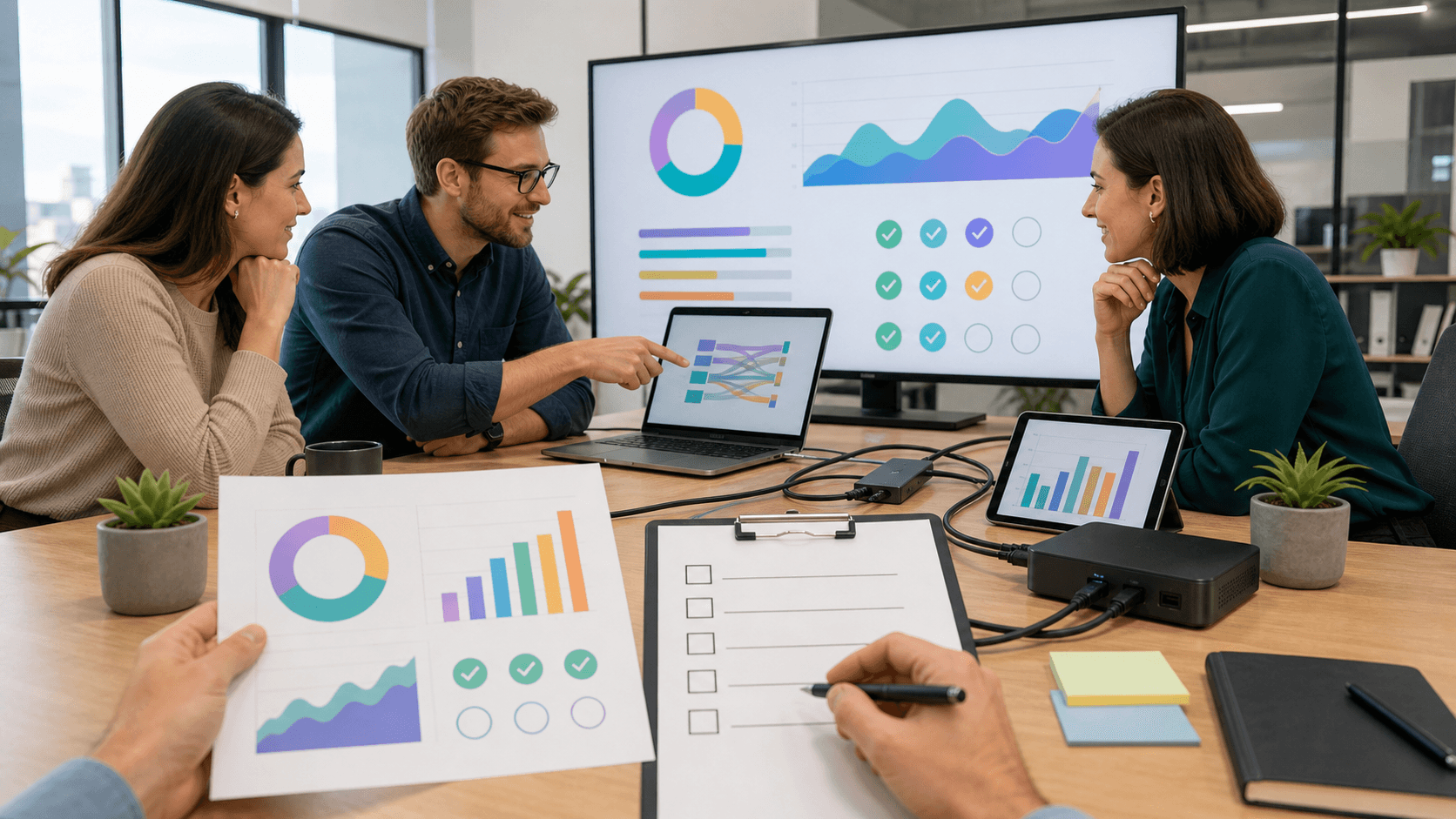 Futuristic dashboard with checkmarks, charts, and connected nodes on a blue gradient background, glowing UI panels.