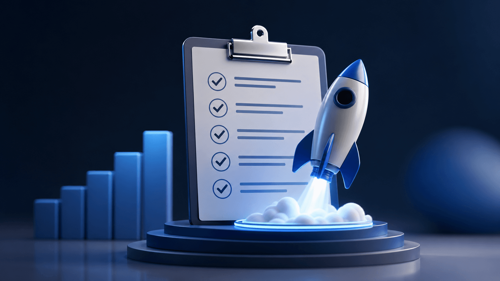 Blue-toned illustration of a spiral-bound playbook beside an AI circuit brain icon on a sleek desk with soft glow.