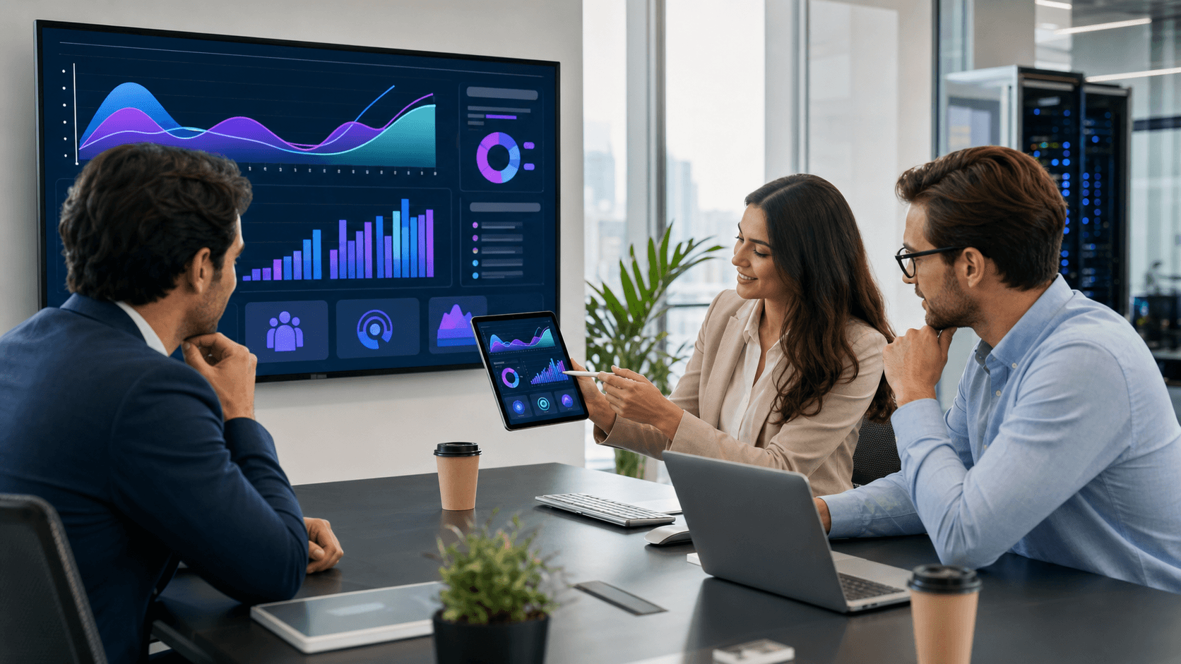 Glowing blue analytics dashboard with charts and keyword grids on a dark screen, AI circuit pattern in background.