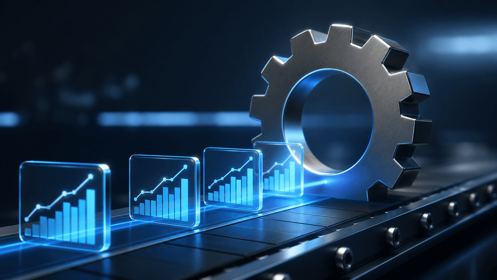 Futuristic dashboard with blue graphs and SEO icons on a dark background, glowing accents, centered layout.
