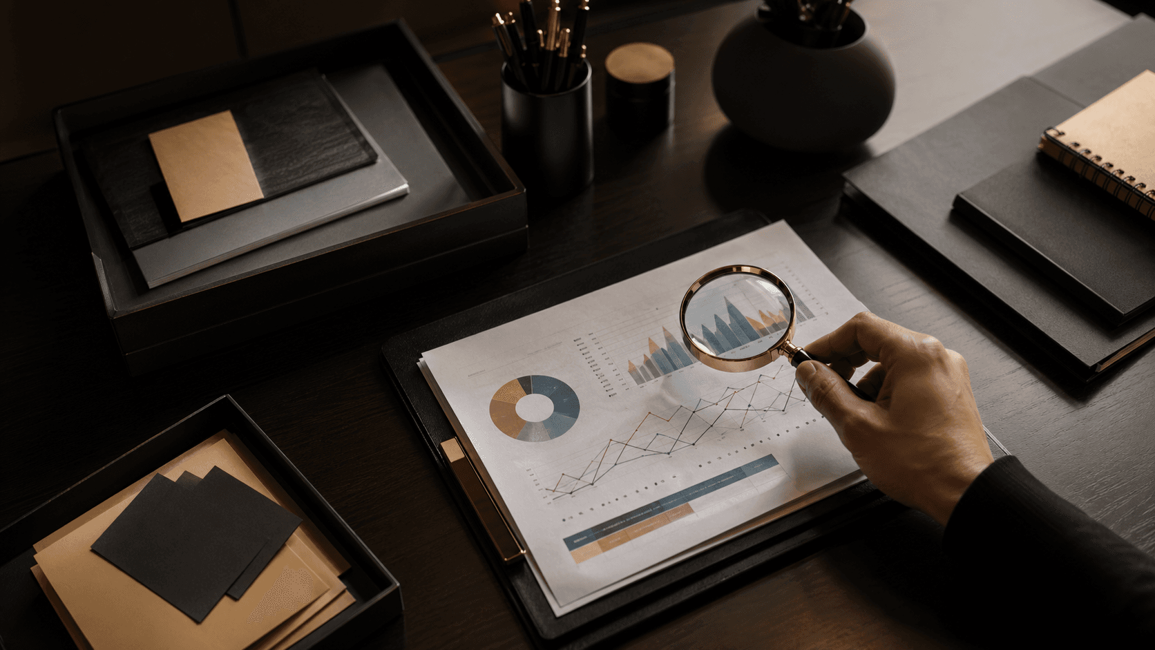 Modern office desk with laptop, SEO charts on screen, handshake silhouette overlay, blue and white lighting