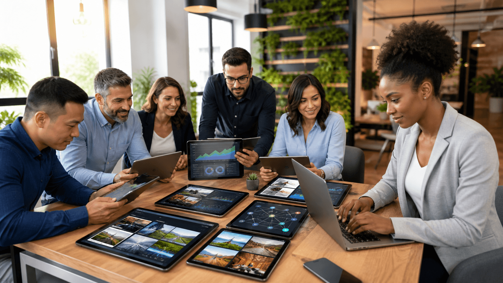 Glowing AI interface evaluates SEO agency profiles on blue screens with connected network lines.
