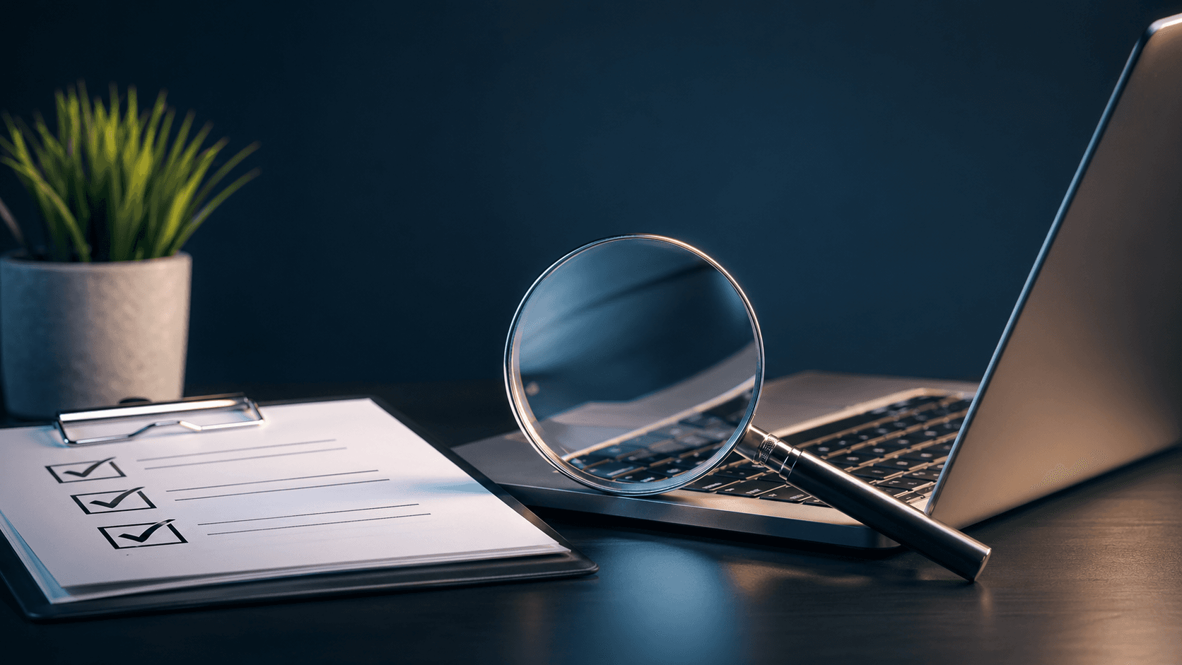 Hand holding a magnifying glass over a laptop with SEO charts on screen, on a clean white desk with soft light