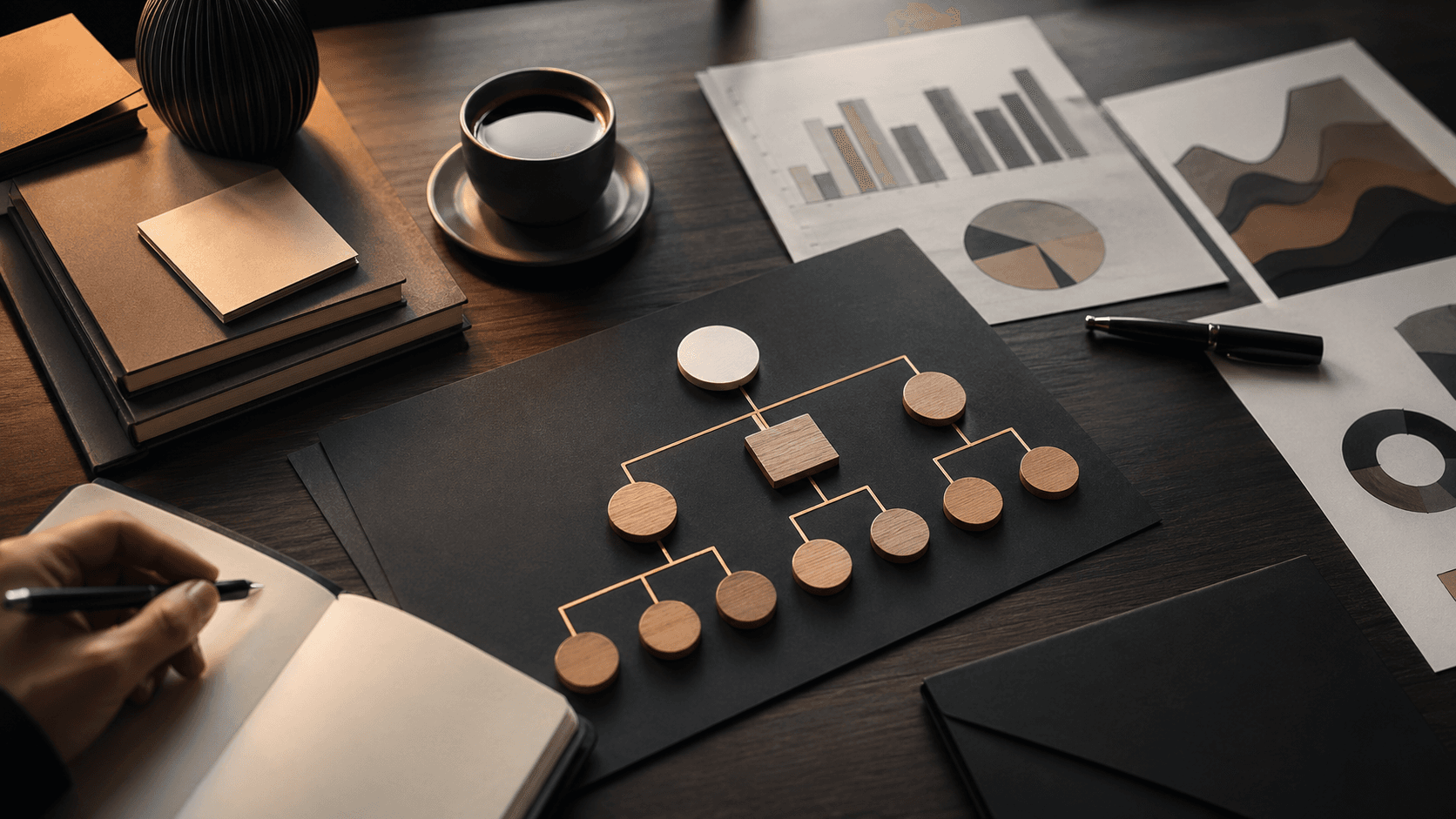Minimal office scene with a laptop showing SEO charts, white papers, and a magnifying glass on a bright desk