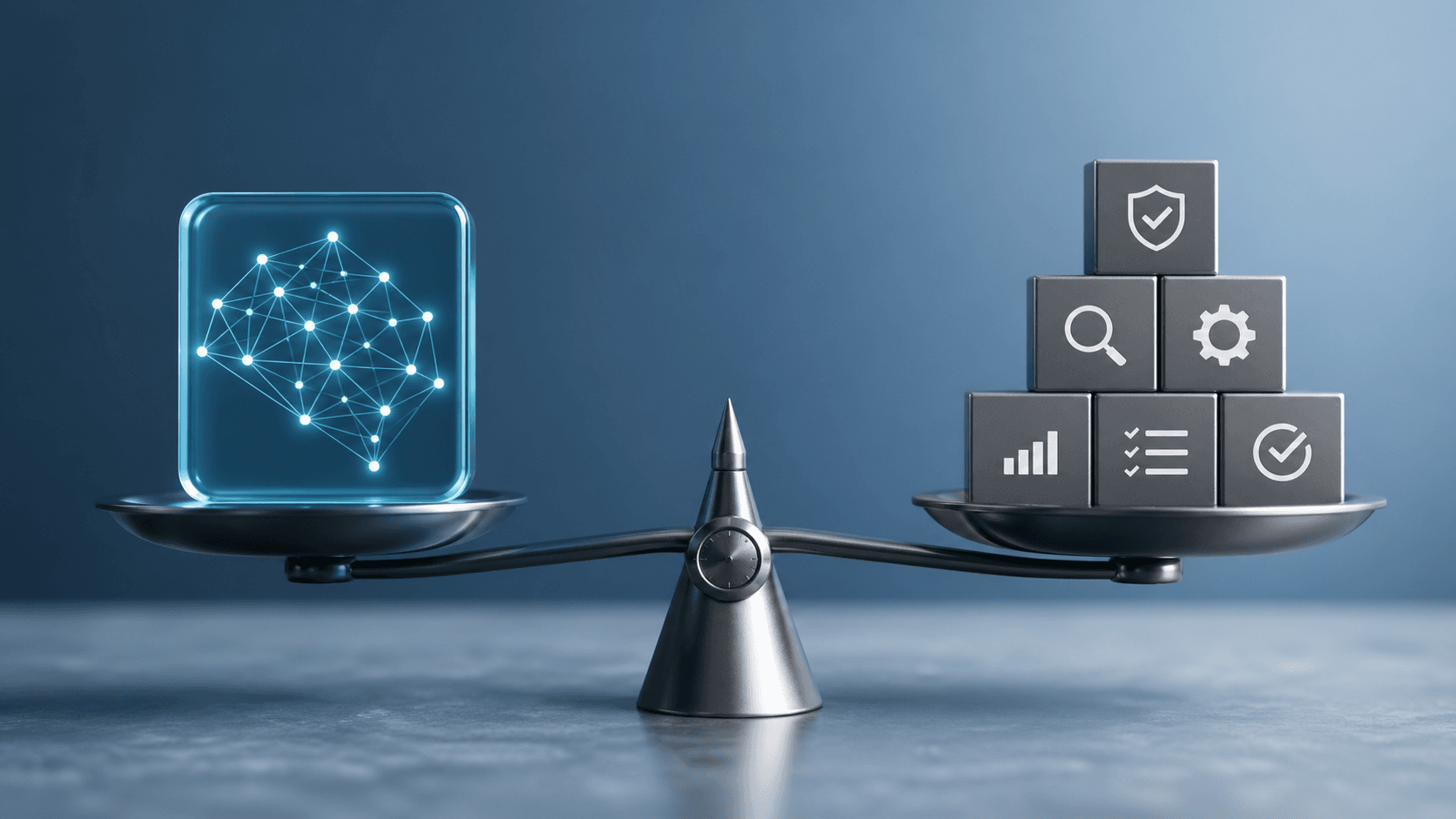 Robot and magnifying glass over a laptop screen with SEO charts, blue-purple gradient background, soft glow
