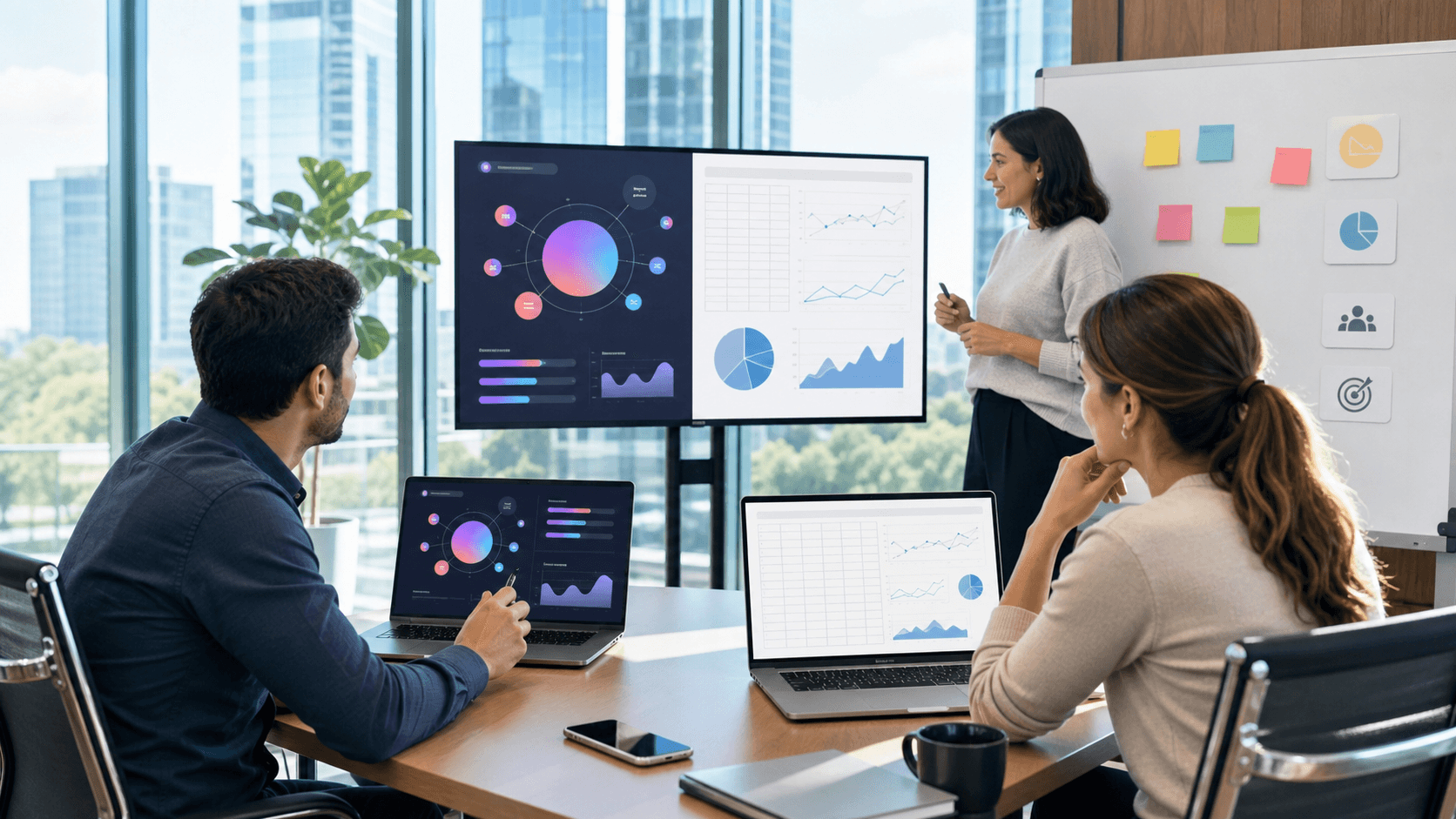 Split-screen of a sleek AI dashboard and classic SEO charts, glowing blue versus muted gray on a dark background