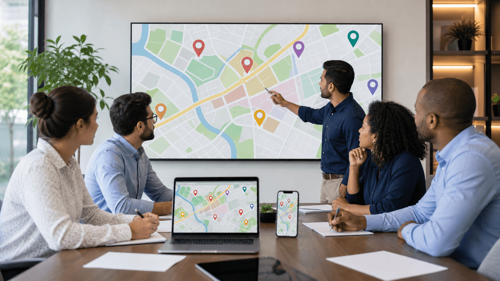 City map with colorful location pins and glowing navigation lines on a dark background, digital style