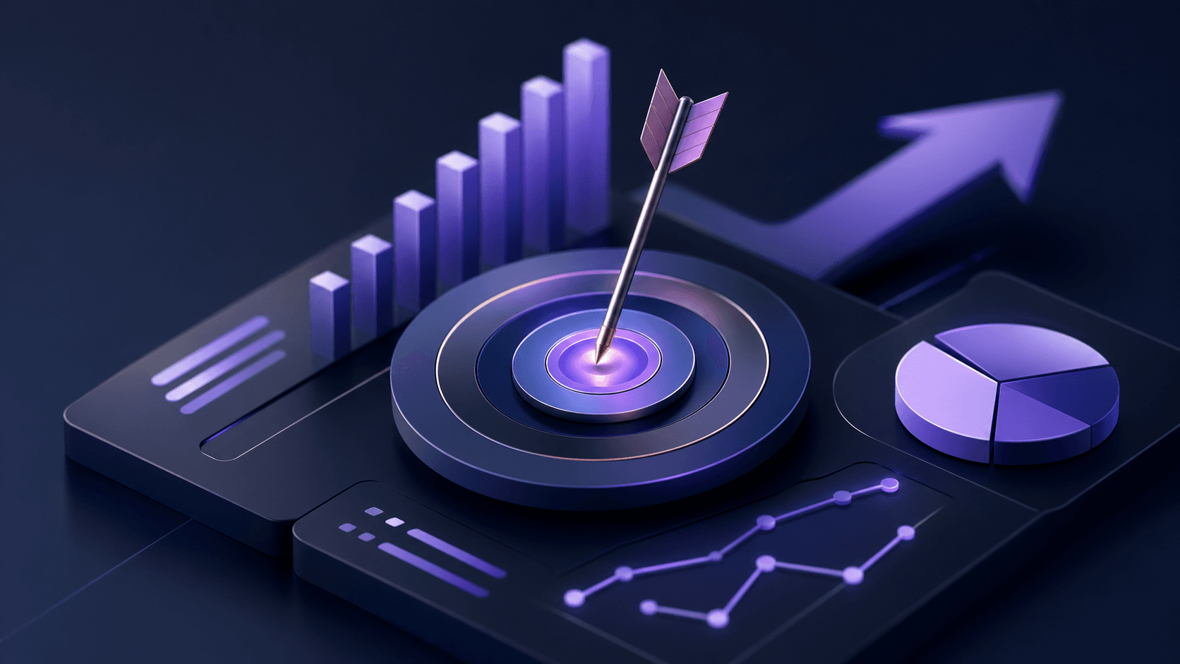 Laptop on a desk showing colorful analytics charts, with a glowing AI icon floating above the screen in blue light.