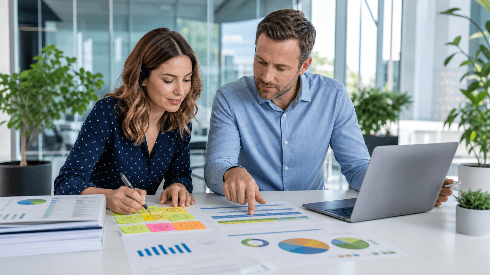 Magnifying glass over blue analytics charts and search bar icons on a clean white background.