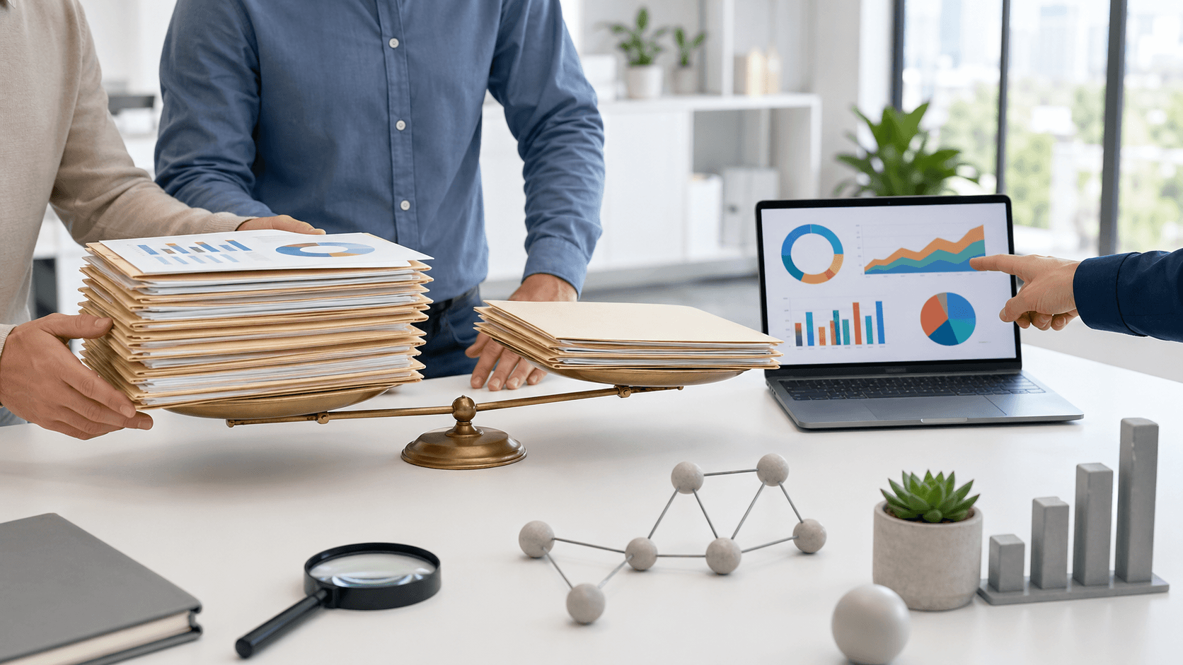 Two hands shaking over a laptop and documents on a desk, with charts and a calculator in view