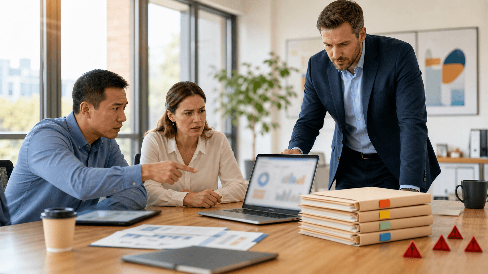Red warning flags over a laptop and marketing charts on a dark desk, with bold red accents and dramatic lighting.