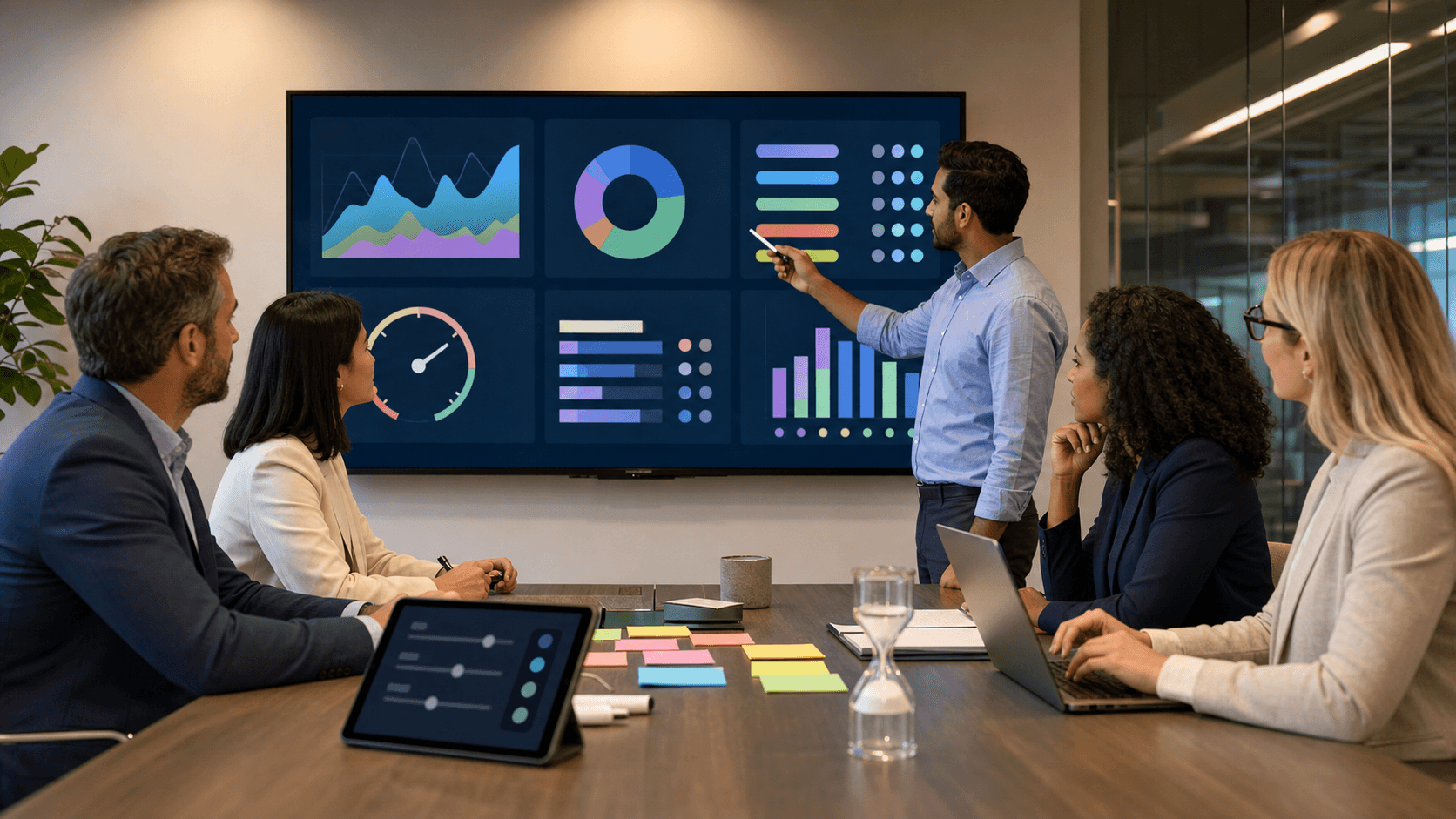 Blue dashboard screen with KPI charts, SLA checklist, and audit log table in a clean, modern layout