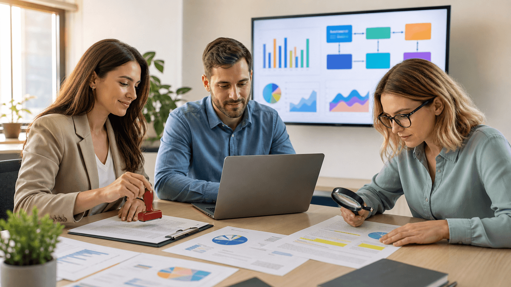 Blue-toned dashboard with SEO charts and checkboxes, a hand clicking approval, and a magnifying glass under soft light.