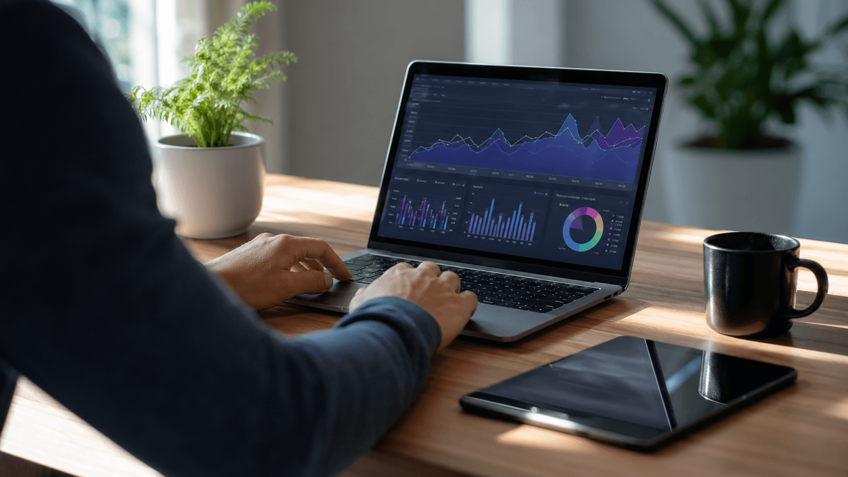 Futuristic neon desk scene with a laptop showing rising charts, AI icons, and spring leaves against a blue gradient backdrop.