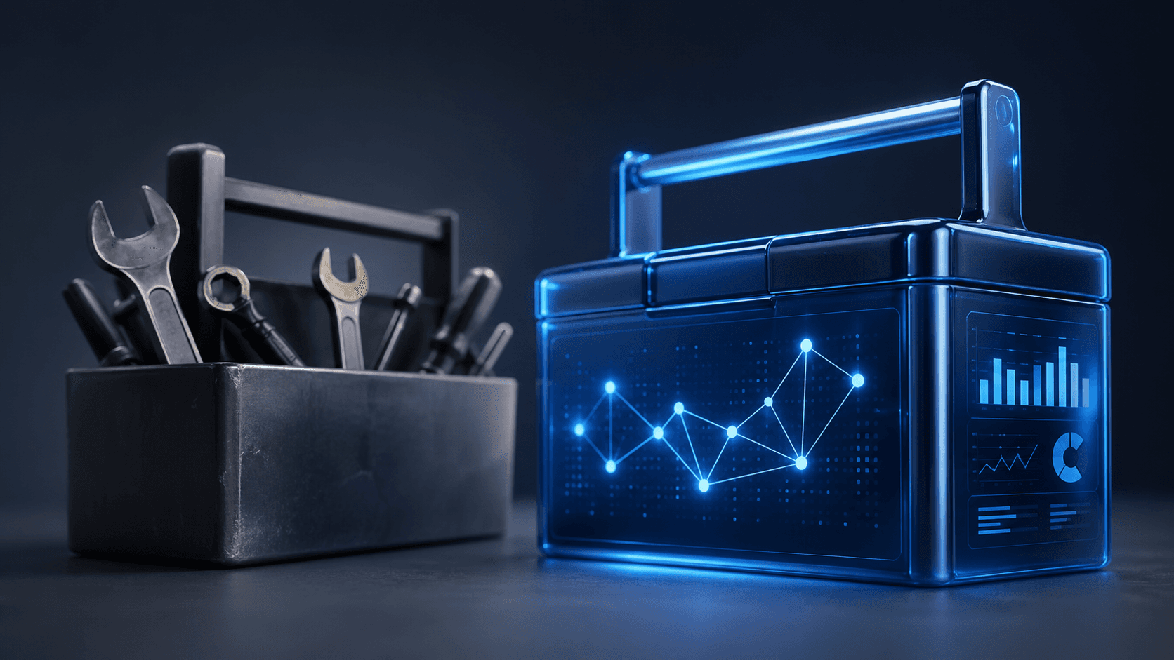 Futuristic dashboard with glowing blue AI circuit icon, ranking charts, and SEO metrics on a dark gradient background.