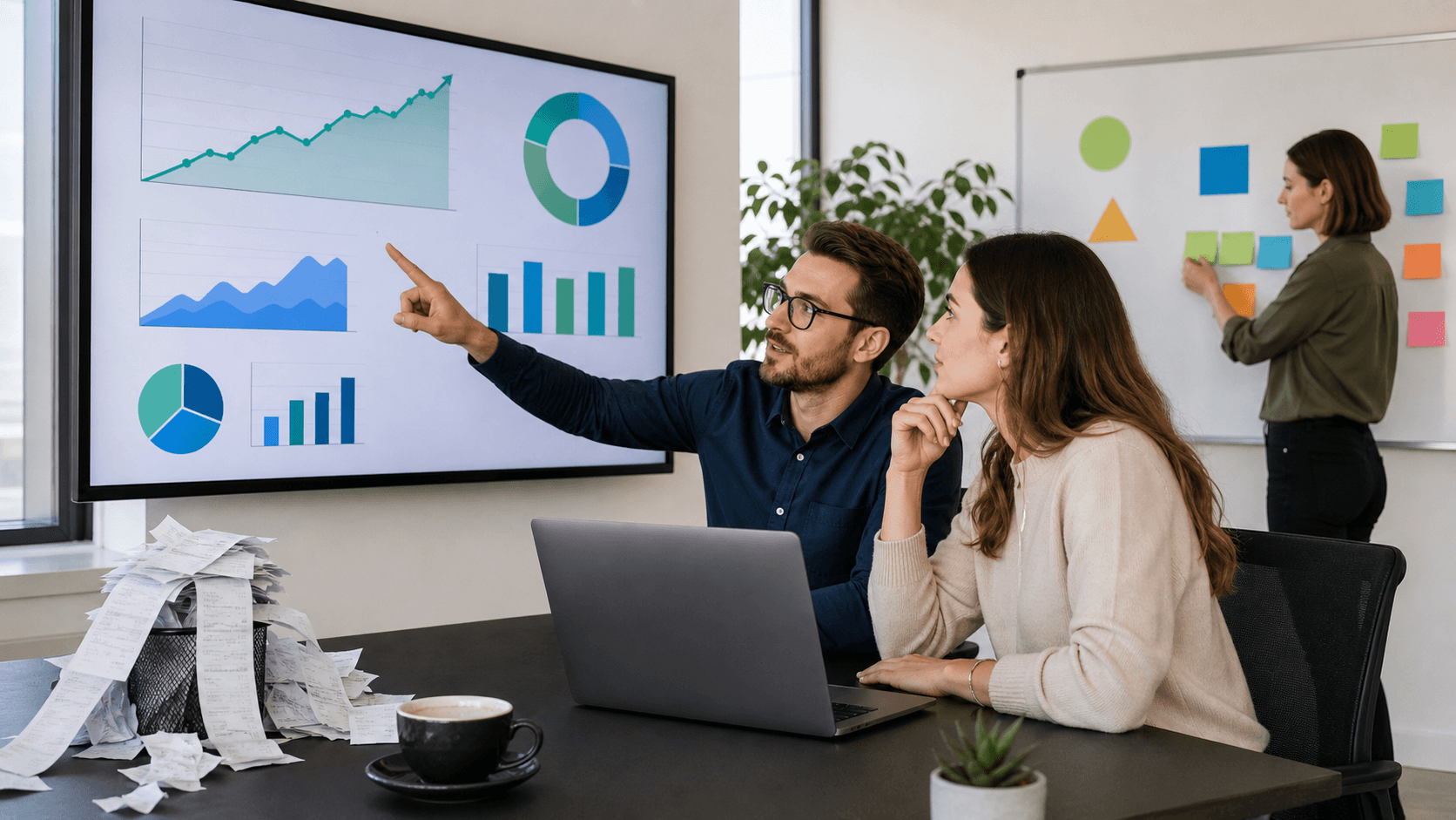 Person at laptop watching a rising SEO chart on a monitor while a PPC ad graph fades in the background, neon blue lighting