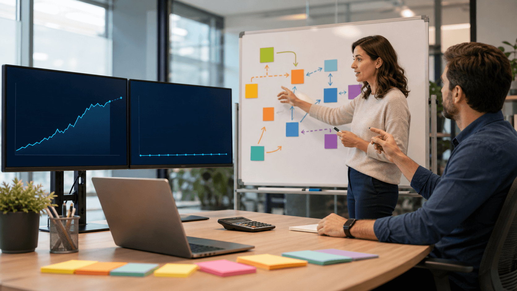 Person at a laptop with a stalled upward graph and a missing puzzle piece, blue office background, flat design