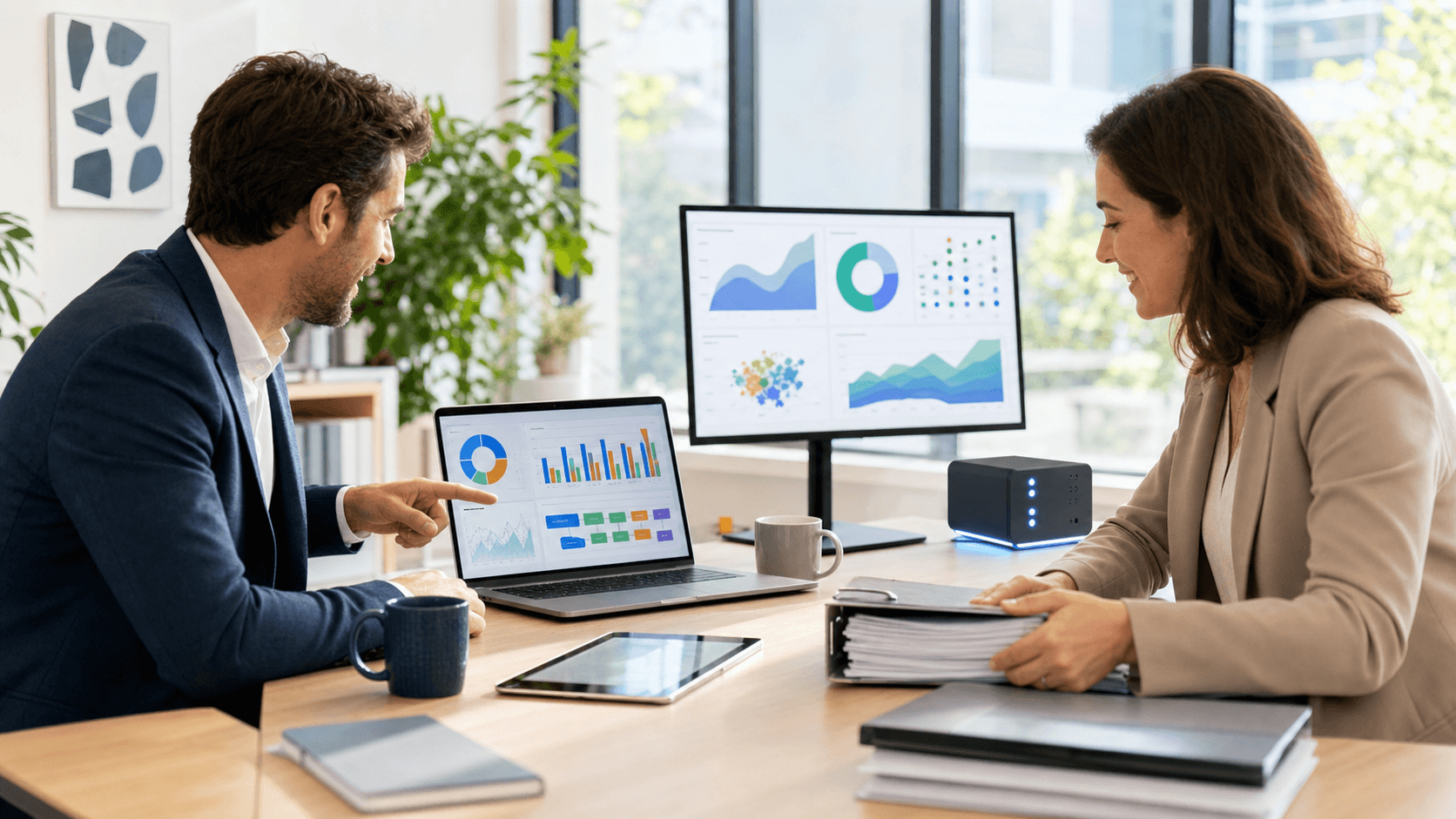 Laptop screen showing an SEO dashboard beside a spreadsheet grid, with blue and green charts on a clean desk