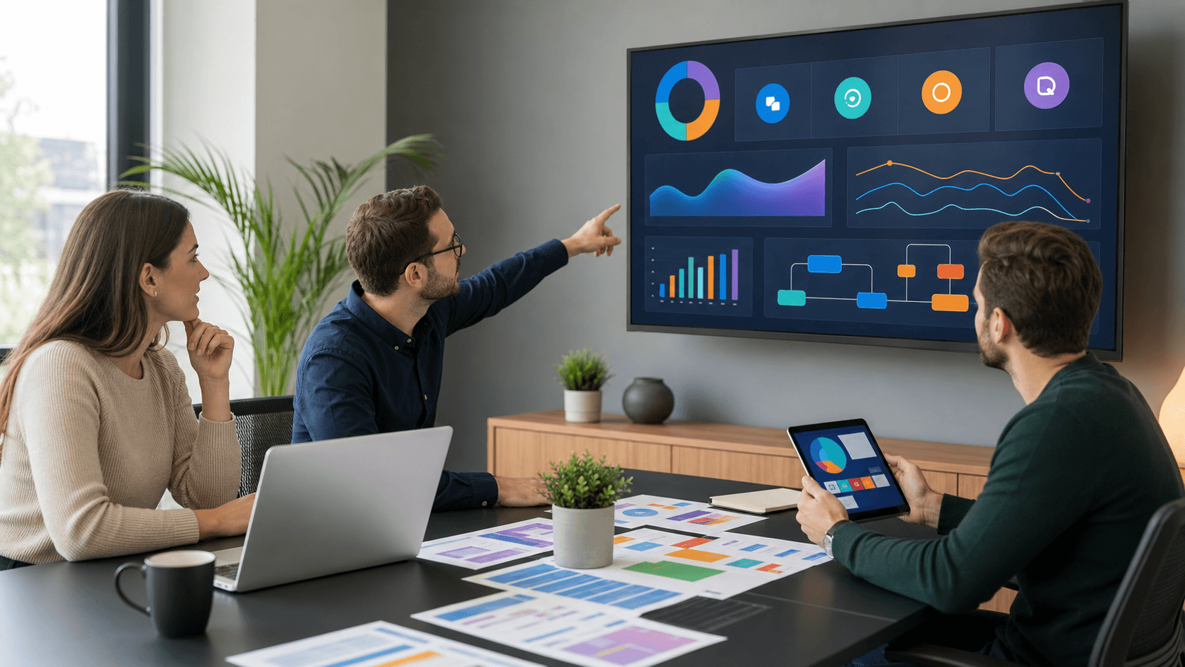 Laptop dashboard with colorful PPC charts and a magnifying glass over ad icons on a blue gradient background