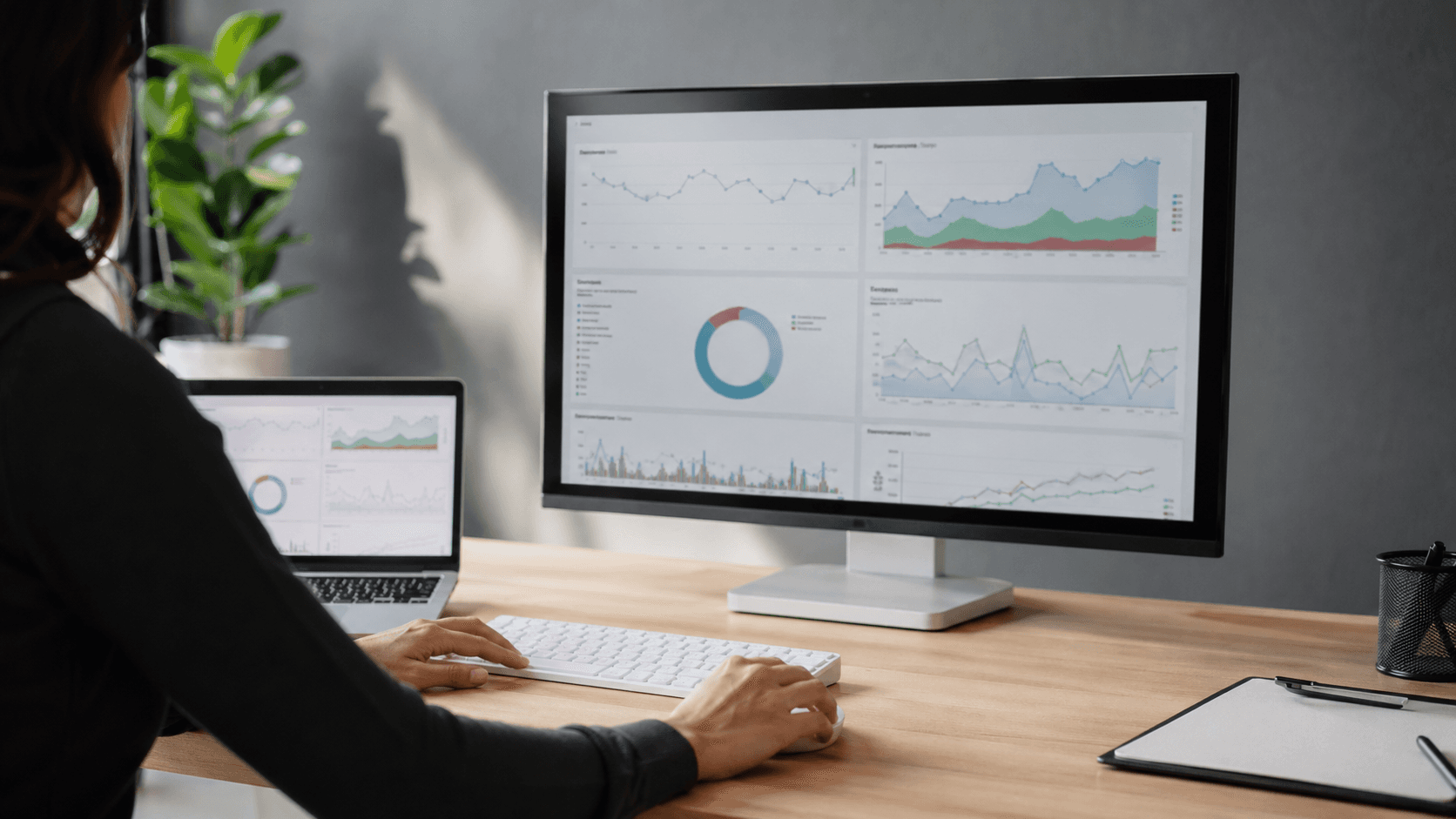 Two hands shaking over a laptop with charts, blue and white office background, soft natural light
